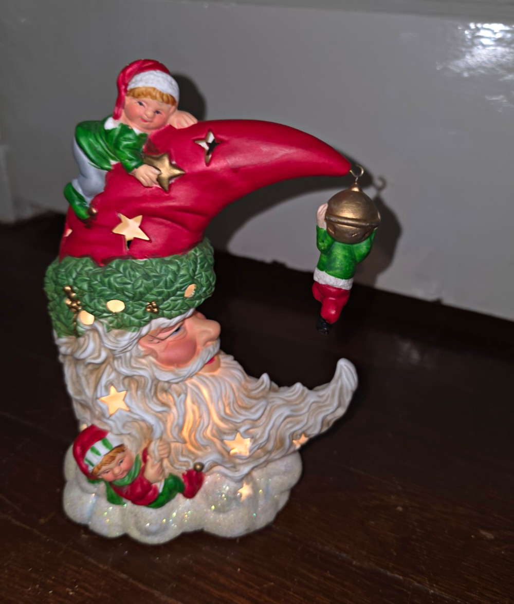 Vtg 90s Danson Lighted Ceramic Crescent Santa Figurine w/dangling elf - Works